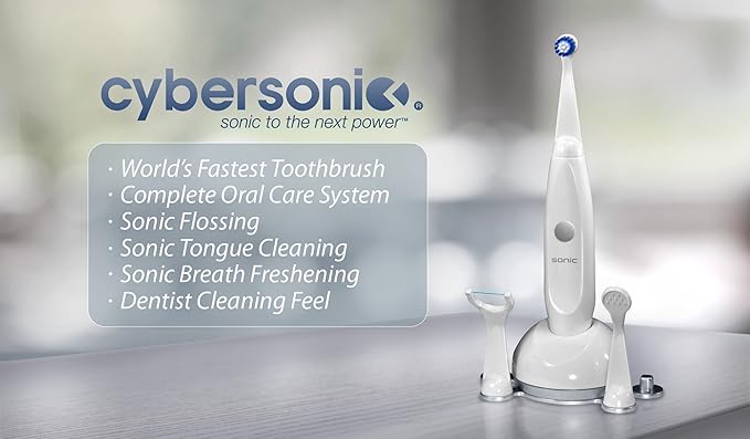Cybersonic3 Electric Toothbrush, Rechargable Power Toothbrush with Complete Dental Care Kit Including Tongue Scraper and Floss Heads + 6 Replacement Brush Heads