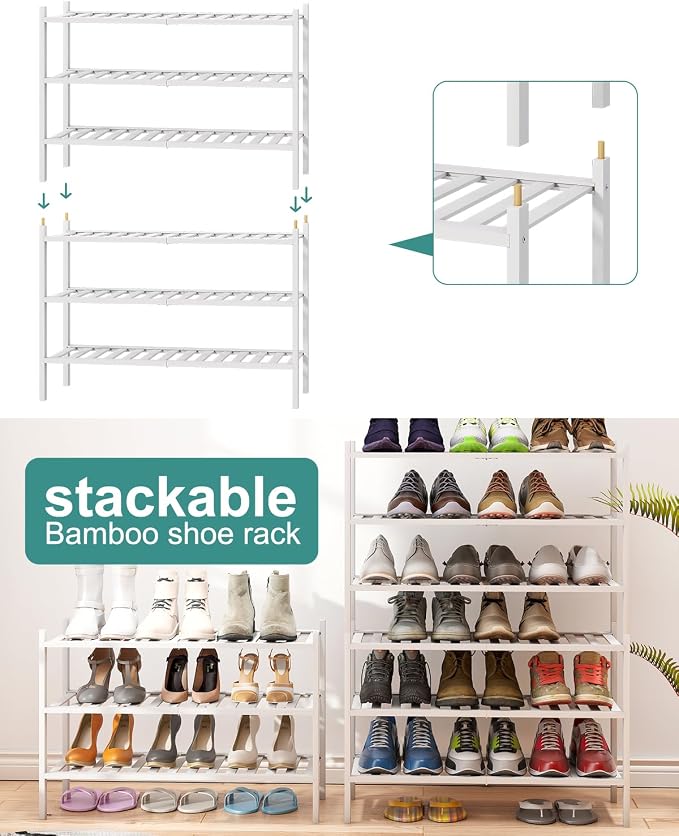 viewcare White Shoe Rack, 3-Tier Bamboo Wood Shoe Rack for Closet, Entryway & Hallway, and Stackable Shoe Shelf Storage Organizer for Indoor and Outdoor