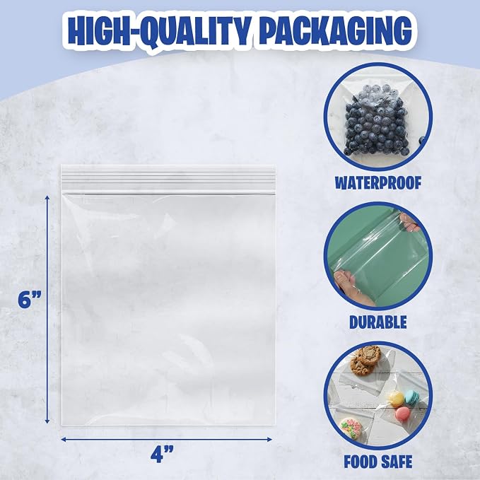 Seal Fresh 4" x 6" (1000 Count) 2 Mil Clear Reclosable Zip Plastic Poly Bags — 4x6 Bag Resealable Zipper Seal Bags for Treats, Crafts, Jewelry, Small Parts, Party Favors