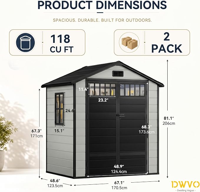 DWVO 6x4.4 FT Outdoor Storage Shed with Fence-Style and Side Windows, Lockable Door and Vents Resin Storage Shed for Garden, Backyard, Patio, Lawn