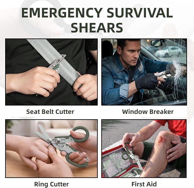 Heavy Duty 6 in 1 Multifunctional Trauma Shears Foldable | Stainless Steel emergency response scissors | Survival Shears with Holster | Medical Trauma shears Tactical With Strap Cutter | Green