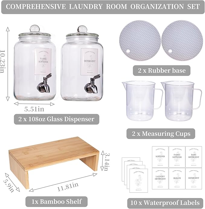 2 Pack Glass Laundry Detergent Dispenser,Sturdy glass Fabric Softener Dispenser With Leak Proof Pump,Reusable Container & Bamboo Stand-108Oz Big Laundry Soap Container For Washer Room Organization (2)
