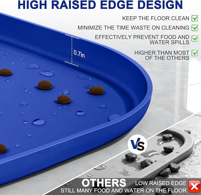 SMILOOL Waterproof Silicone Pet Food Mat with Raised Edge for Dog & Cat | 12" x 12" Non-Slip Small Pet Feeding Mats with Lip for Food & Water Bowl, Food Grade, Easy Cleaning, Navy Blue
