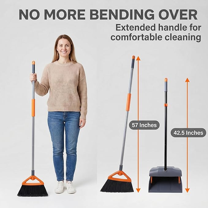 CLEANHOME Heavy Duty Broom with Dustpan Combo Set Indoor and Outdoor Dual Purpose,Stiff Bristle Commercial Angle Broom and Standing Dust Pans with Long Handle for Sweeping Home,Kitchen,Yard,Grey