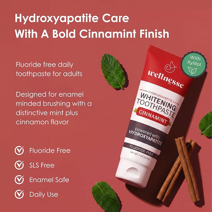 Hydroxyapatite Toothpaste, Whitening, Fluoride Free, Cinnamint, 4 Oz | Wellnesse Remineralizing Enamel Care, SLS Free, Xylitol Formula for Sensitive Teeth, Dental Oral Care for Adults, Lower Foam
