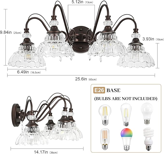 Vintage Bathroom Vanity Light, 4-Light Oil Rubbed Bronze Finish Wall Sconce with Hanging Crystal Accents and Flower-Shaped Clear Glass Shades, Retro Wall Mount Vanity Light Over Mirror for Bathroom