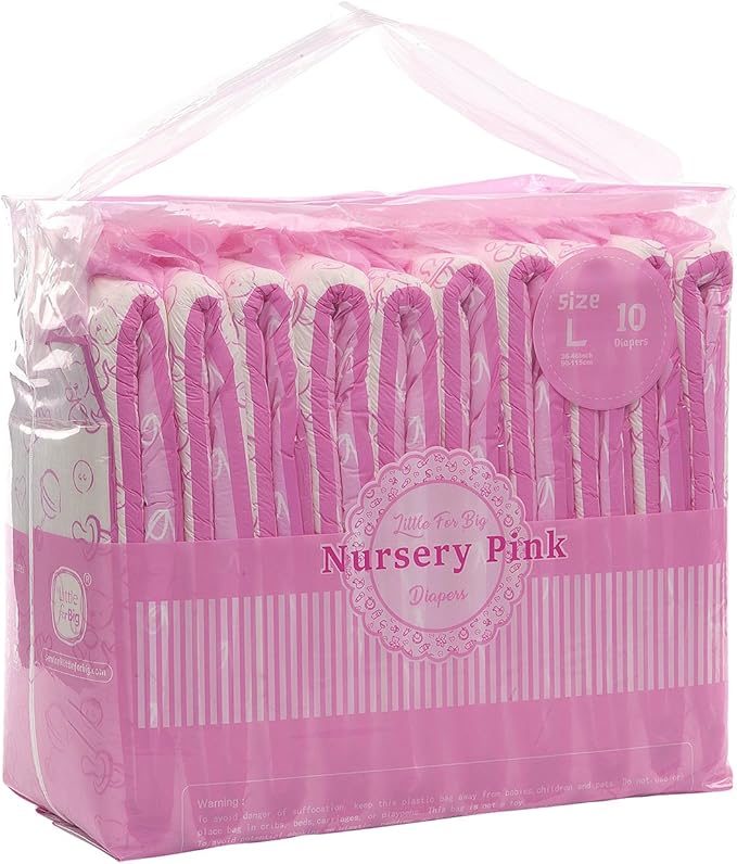 Littleforbig Adult Printed Diaper 10 Pieces - Nursery Pink (Large 36"-46")