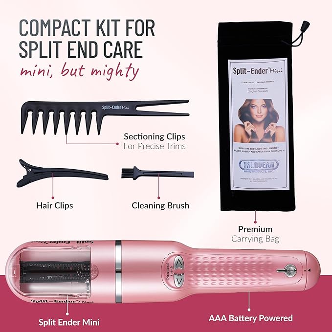 Split Ender Mini – Original Cordless Split End Hair Trimmer for Dry, Damaged, Brittle, Curly, Frizzy, or Straight Hair – Battery Operated Home Styling Tool for Split Ends (Battery-Powered, Light Pink)