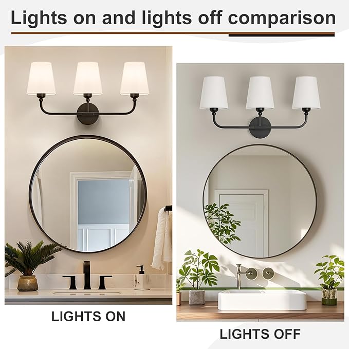 Bathroom Vanity Light, Matte Black Bathroom Light Fixtures, 3-Light Lighting Fixtures Over Mirror, Modern Wall Sconce with Flared White Fabric Shade, E26 Socket(ETL Listed)