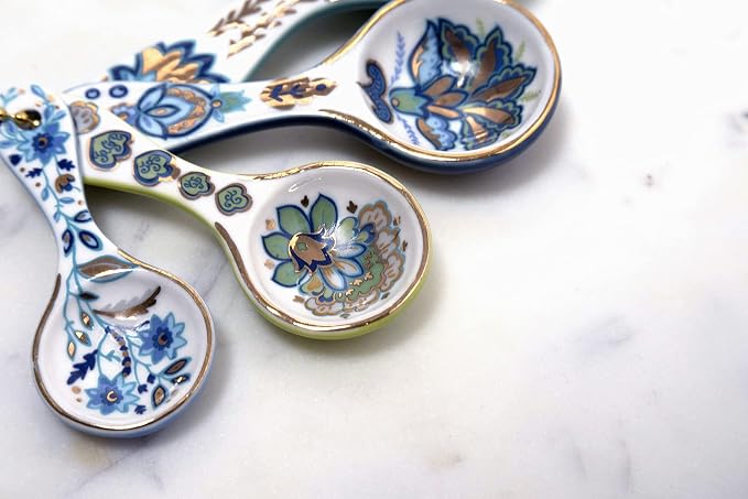 Mary DiSomma’s Ceramic Measuring Spoons (Set of 4) | Unique Signature Floral Print Design for each, Gold Overlay, Teal, Blue, Robin’s Egg Blue, Lime Green, Metallic Gold Chain, Boxed gift set