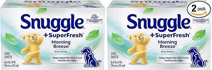 Snuggle Plus SuperFresh Fabric Softener Dryer Sheets with Static Control and Odor Eliminating Technology, Original, 200 Count (Pack of 2)