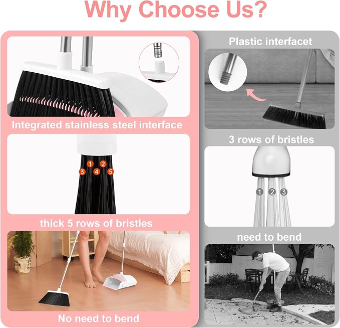 Broom with Dustpan Combo Set for Home, 52-in Long Adjustable Handle Angle Broom and Dustpan Set with Dustpan Comb Teeth for Sweeping Pet Hair Food Dirt Kitchen (White-Pink)