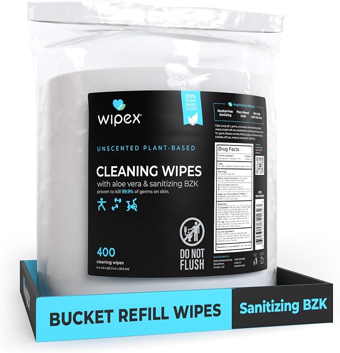 Wipex Fitness Sanitizing Wipes, 400ct Refill Rolls for Dispensers, Safe Sanitizing BZK and Aloe Vera, Unscented, Fits all Commercial Dispensers, (Refills Only - Antibacterial, 400 Count)
