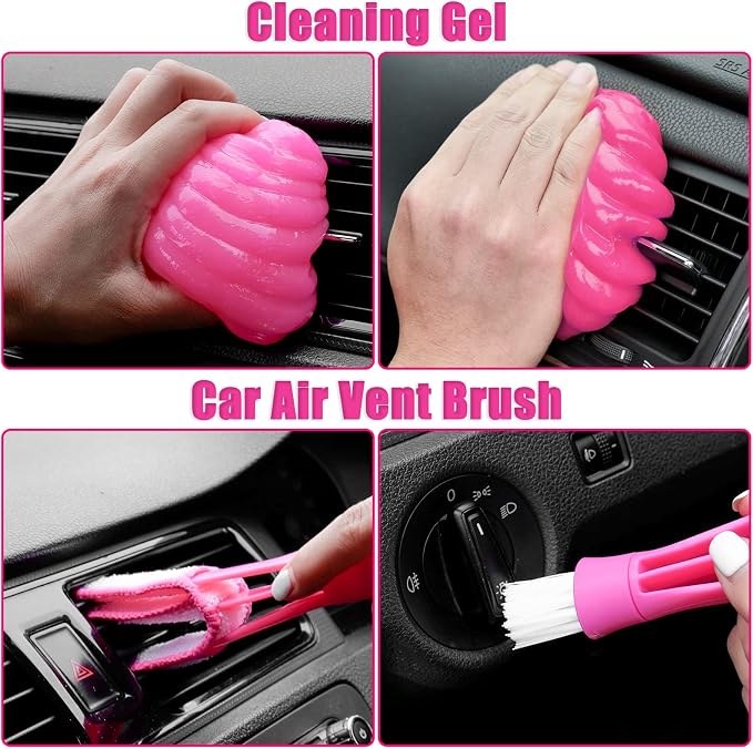 20PCS Car Cleaning Kit, Pink Car Interior Detailing Kit with Drill Brush Set, Windshield Cleaning Tool, Detailing Brushes, Wire Brushes, Cleaning Gel, Complete Cleaning Supplies for Women