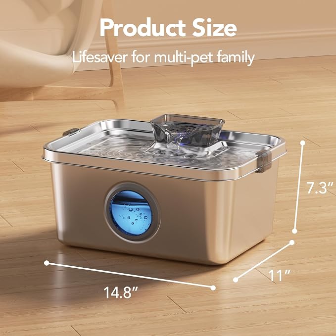 PETIMI Dog Water Fountain, 3 Gallons Stainless Steel Dog & Cat Water Fountain, Large Pet Water Fountain for Multiple Pets, Ultra Silent, Wide Mouth, Safety Lock, 3 Filters Included, Smart Water Pump