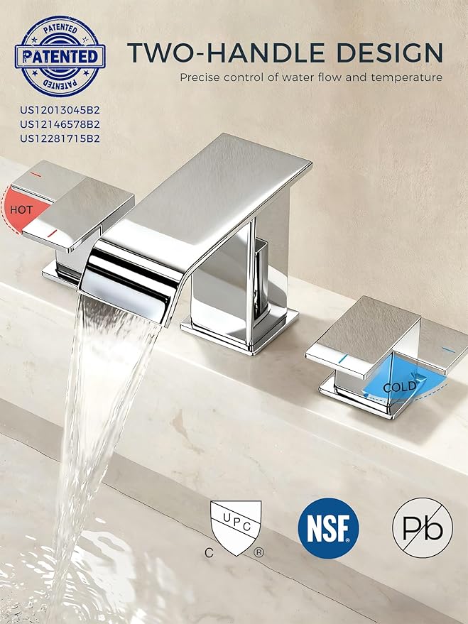 FORIOUS Bathroom Faucet 3 Hole Chrome, 8 Inch Widespread Bathroom Sink Faucet Waterfall Spout, with Pop Up Drain and Water Supply, Suitable for Vanity Rv Commercial Lavatory Restroom