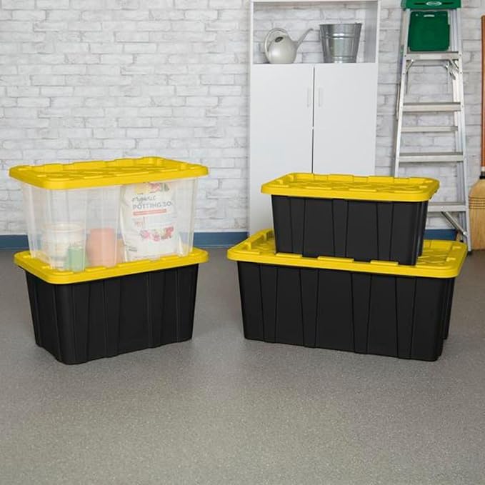 Sterilite 12-Pack Industrial Tote, Plastic Storage Container Bins with Lids, 27 Gallon - Large, Stackable, and Heavy-Duty Organizer Box Containers for Closet, Garage, Shelves, and Office