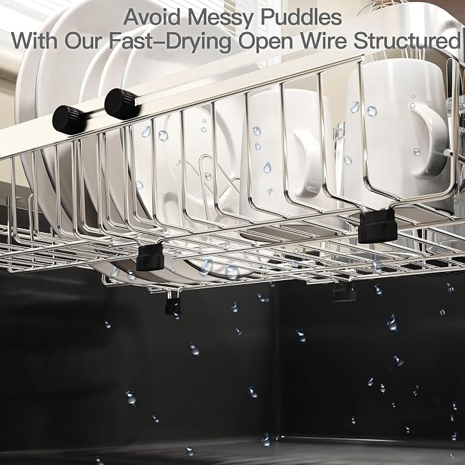 Dish Drying Rack Over The Sink with Utensil Holder, Mat | Expandable Stainless Steel Dish Drainer for Small Kitchen, Apartment, RV, Counter Space Saving, Perfect Fit, Rustproof