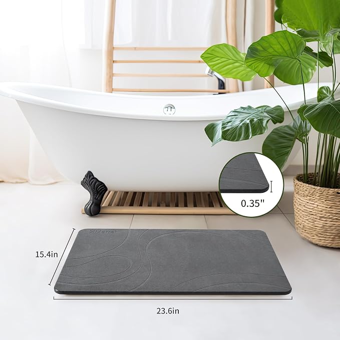 XMarrat Stone Bath Mat, Diatomaceous Earth Bath Mat, Super Absorbent Quick Drying Stone Bath Mats for Bathroom, Non-Slip Bath Stone Mat, Natural Stone Shower Mat, Easy to Clean(23.6 x 15.4 Dark Grey)