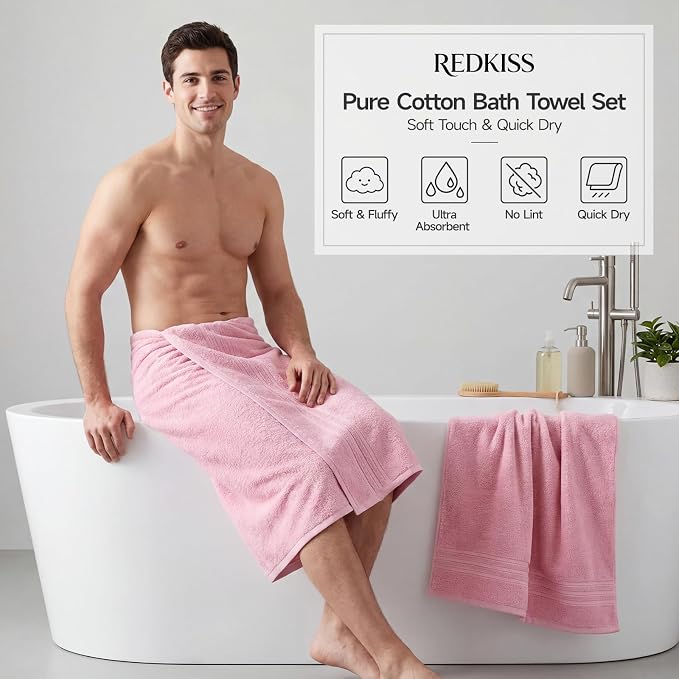 REDKISS Pink Towels Set 6 Piece Cotton Towel Sets with 2 Bath Towels, 2 Hand, 2 Washcloths, 650GSM Hotel Quality, Soft, Highly Absorbent Towels for Bathroom Gym, Ideal Everyday Use