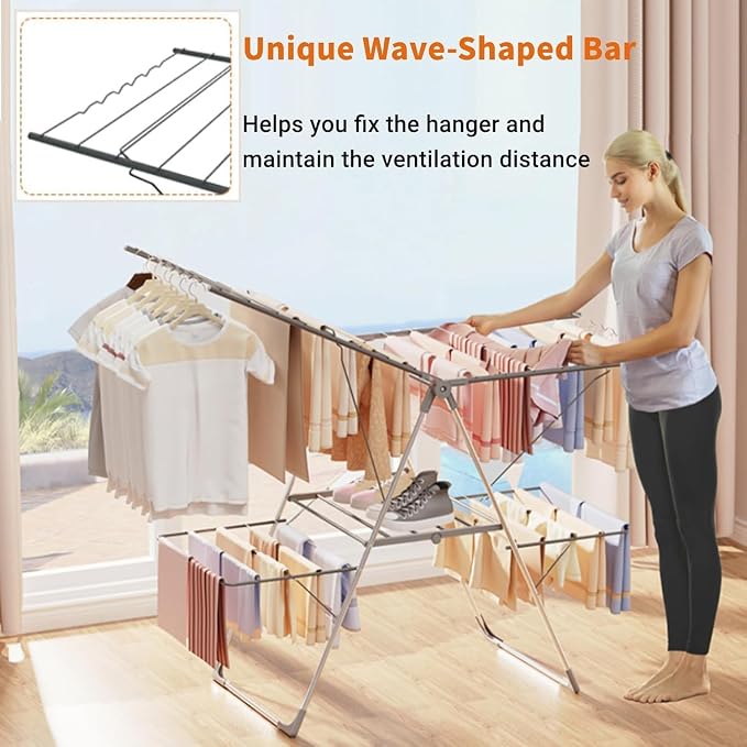 Bigzzia Clothes Drying Rack Foldable, 2-Level Large Laundry Drying Rack Collapsible, Stainless Steel Drying Rack Clothing for Indoor Outdoor, Easy to Fold, 33 Drying Rails, 56.1" L × 22.7" W, Gray