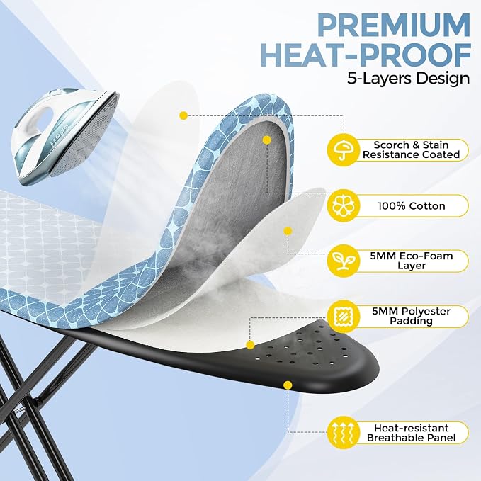 APEXCHASER Ironing Board with Iron Rest, Compact and Space Saver Iron Board, Extra Thick Cover, Height Adjustable, Wall Mount & Closet Hanger 13x43 Blue