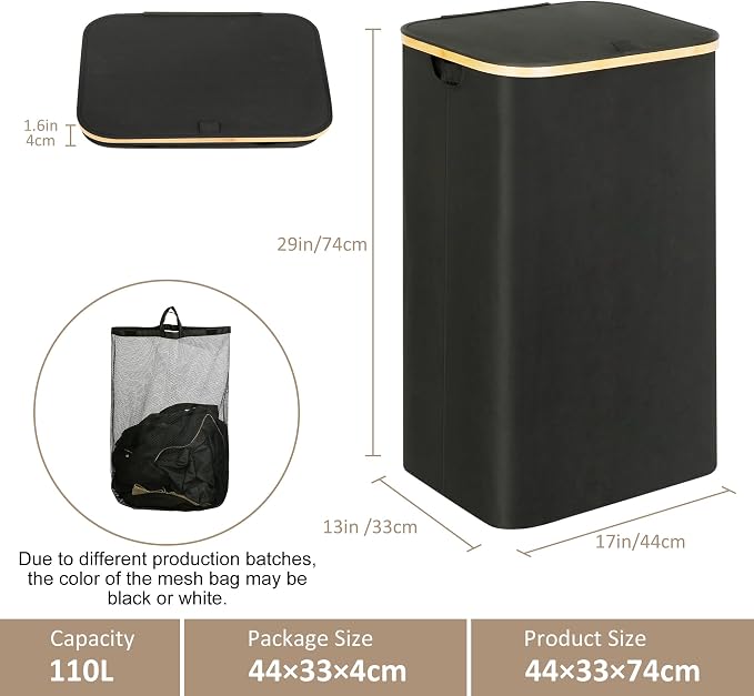 iEGrow Laundry Hamper with Lid, 110L Large Laundry Hamper with Handle and Lid, Collapsible Clothes Basket Organizer with Removable Inner Bag for Clothes Towels - Black