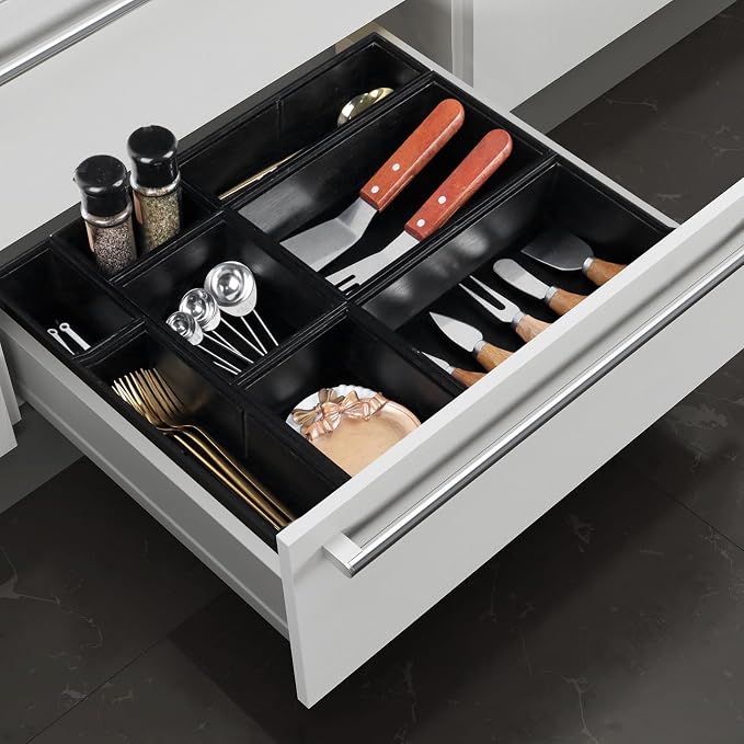Bamboo Drawer Organizer Set, 8 PCS Black Multi-Use Drawer Storage Boxes, Junk Drawer Organizer Divider Bins for Bathroom, Kitchen, Office Desk, Makeup, Jewelry, Utensils