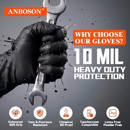 ANBOSON 10 Mil Heavy Duty Mechanic Nitrile Gloves, Large Black 100 Count | Diamond Grip,Latex Free,Chemical Resistant Disposable Thick Rubber Gloves for Auto Repair, Industrial, Food, Work ,BBQ,Men