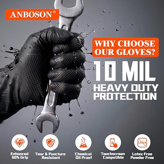 ANBOSON 10 Mil Heavy Duty Industrial Nitrile Gloves, Black Large 500 Count | 500 Ct Diamond Texture, Disposable Latex Free Rubber Gloves for Auto Repair,Workshop,Warehouses,Chemical Handling Industrial