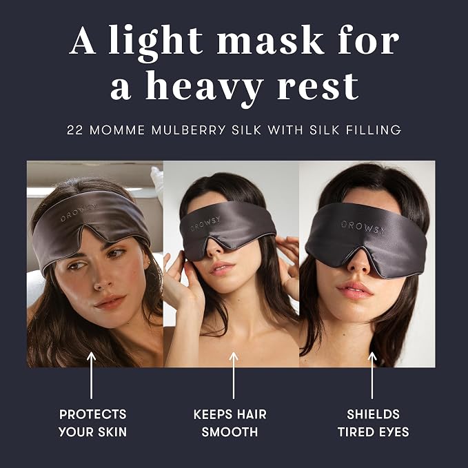 Drowsy Featherweight Silk Sleep Mask – Luxury Blackout Eye Mask for Sleeping & Travel, 100% Mulberry Silk, Lightweight Comfort, Adjustable Strap, Protects Skin & Hair (Moonlight Shadow)
