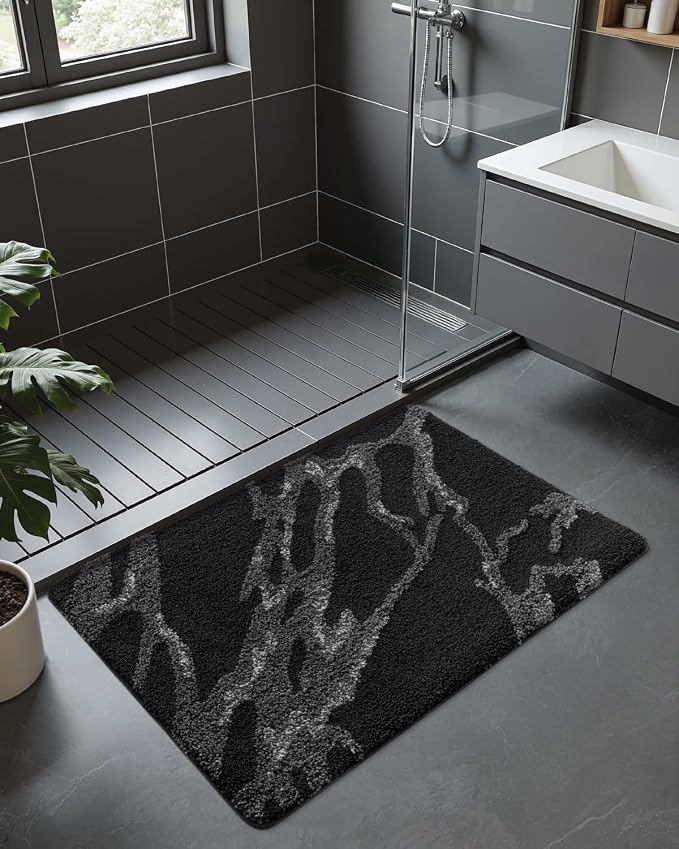 DEXI Bathroom Rug Mat 43x24, Soft and Absorbent Marble Bath Mat, Non Slip Machine Washable Bath Rugs for Shower Floor, Tub, Sink, Black