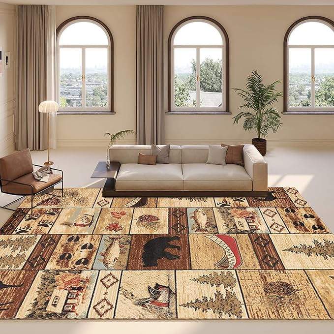Retro Rustic Lodge Cabin Bear Area Rug for Dining Room Vintage Village American Style Throw Rugs Guest Room Decor Floor Mat 4'x6'