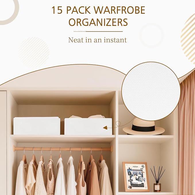 Criusia 15 Pack Drawer Organizer for Clothes, Foldable Dresser Dividers with 3 Sizes, Fabric Storage Bins – White