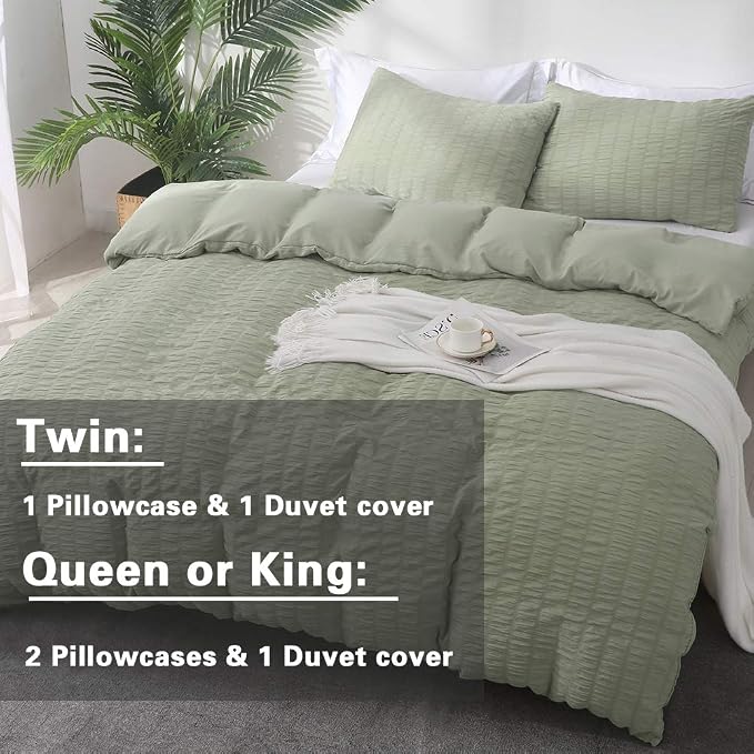AveLom Sage Green Duvet Cover Queen Size, Textured Seersucker Duvet Cover Set, Soft Washed Microfiber with Zipper Closure and Corner Ties, 3 Pieces, 90" x 90" Duvet Cover & 2 Pillowcases