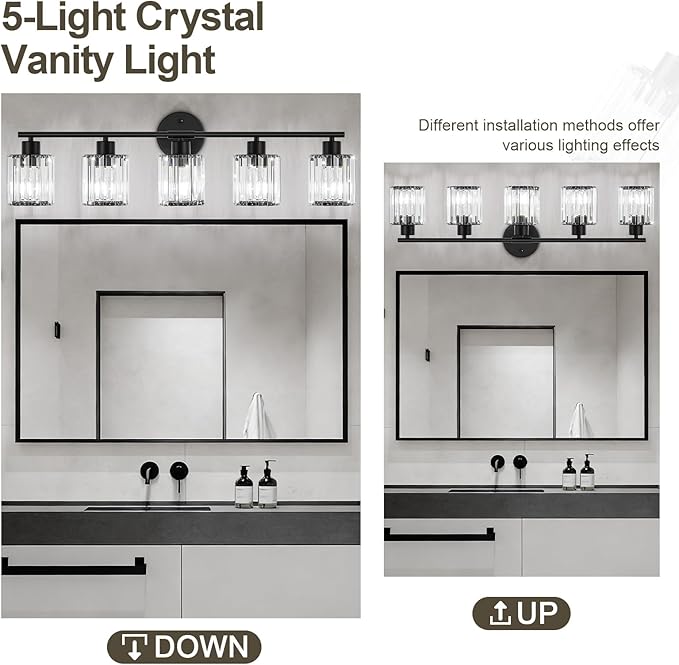 Crystal Bathroom Light Fixtures, Bathroom Lighting Fixtures Over Mirror, Modern Black 5-Light Vanity Lights for Mirror,Restroom, Bedroom (Ceramic E26 Socket,Bulbs Not Include)