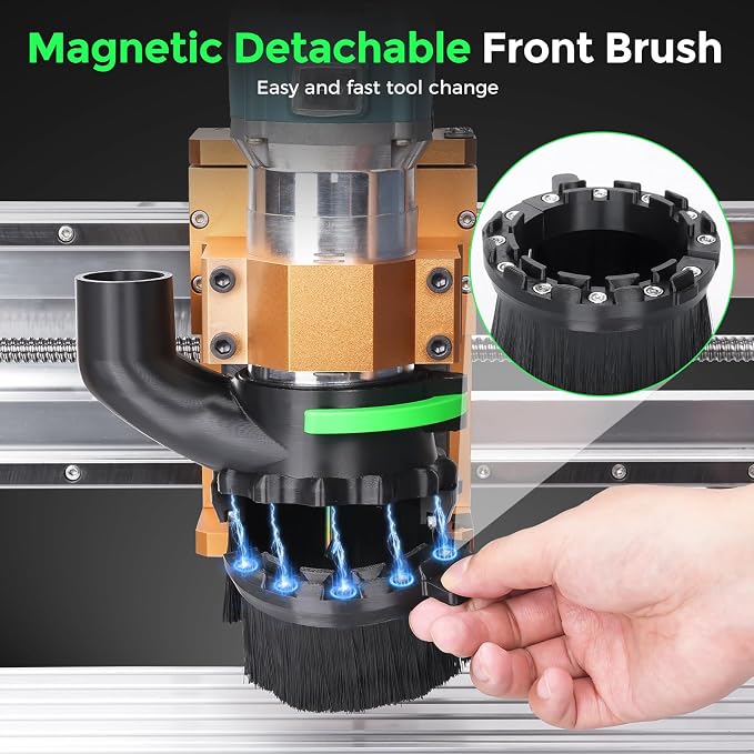 CNC Dust Shoe for 65mm & 69mm Spindles, Dual Brush, 1.5in Port | Improves CNC dust collection with 65/69mm spindle fit, dual brush sealing, magnetic access and quick-lock installation.