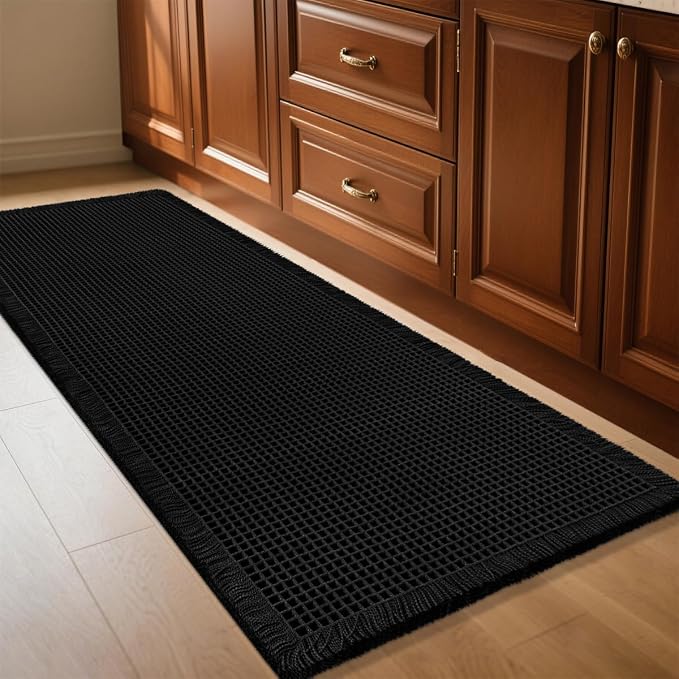 IM HOME Waffle Bath Mat Black 4'x2', Boho Woven Modern Bath Mat Rugs, Absorbent Non Slip Bathroom Rugs, Soft Washable Bath Rugs with Tassels for Bathroom, Bedroom, Kitchen, Shower, Tub