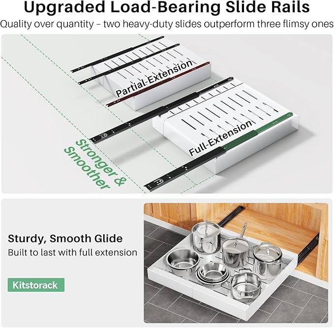 Pull out Cabinet Organizer, 6-pack, Expandable(12"-20") Heavy Duty Slide out Drawers Fixed with Adhesive Nano Film for Pots, Roll out Shelf Storage for Kitchen Base Cabinet Organization(3 Rails)