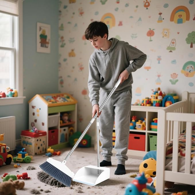 Broom with Long Handle and Foldable Dustpan Set, Standing Home Broom