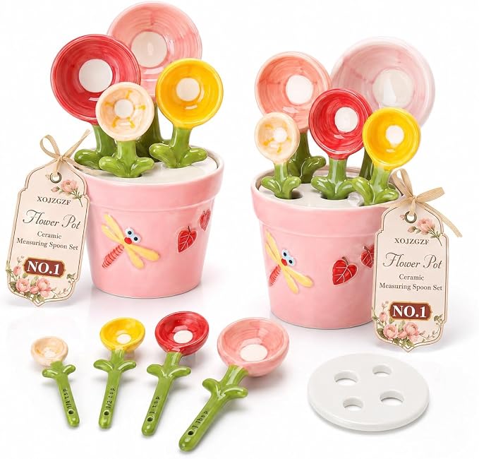 Flower Pot Ceramic Measuring Spoon Set, 5PCS Cute Spoons Cups with Base, Polygons Pink Decorative Teaspoon in Pot Holder, Unique Baking Supplies Gifts, Kitchen Cooking Stuff Gadgets Women(2*Pink)