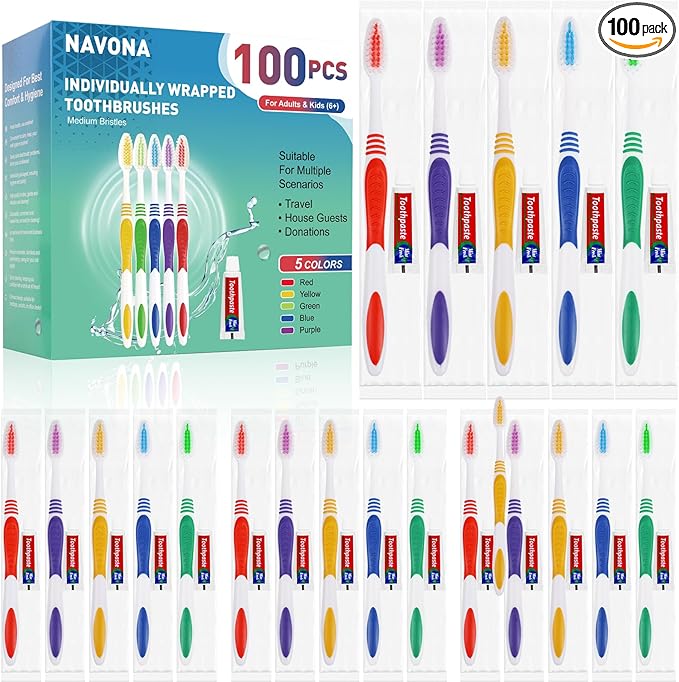 Navona 100 PCS Disposable Toothbrush with Toothpaste Bulk, Travel Toothpaste, Bulk Toothpastes, Individually Wrapped Bulk Toothbrush, Ergonomics Handle,Medium Soft Bristle, Perfect for Travel, Hotel