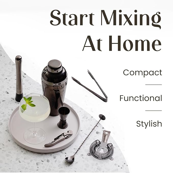 Mixology & Craft Cocktail Shaker Set with Bamboo Stand - Professional 10-Piece Bartender Kit, Complete Bar Set for Home Use with Jigger, Muddler, Strainer, Spoon, Pourers & Corkscrew (Gunmetal)