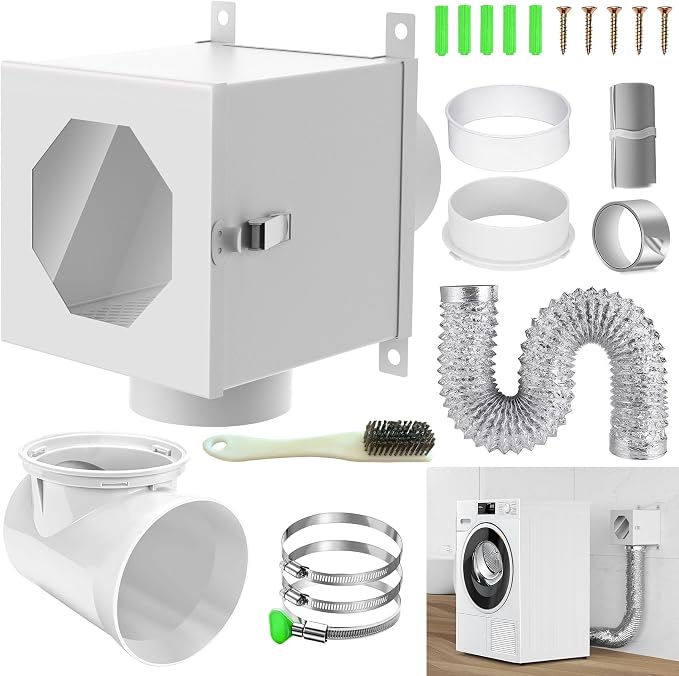 Metal Dryer Duct Lint Trap, Indoor Dryer Vent Kit with 90 Degree Elbow, 4 inch Duct Hose & Clamps Sealing Tape Cleaning Brush Filter, Secondary Lint Trap for Electric Clothes Dryers- White