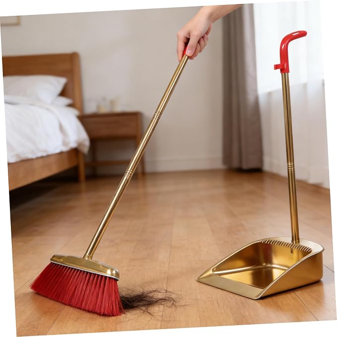 Dustpan and Broom Set with Long Handle, Stainless Steel Metal Broom and Dustpan Combo with Teeth Edge for Home Kitchen Office Floor Cleaning, Gold Color Upright Sweeping Kit