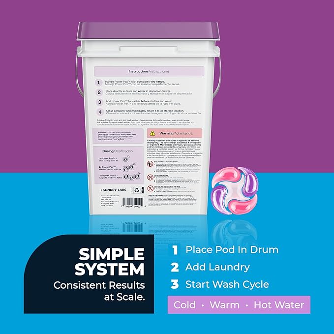 PowerPax 5-in-1 Laundry Detergent Pods - 425 Count, Washer Pods with Stain Remover, Odor Control, Fabric Softener & Color Care for Commercial Laundry - Lavender