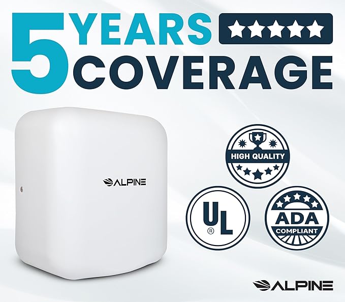 Alpine Industries Commercial Automatic Hand Dryer - High Speed Air Hand Dryer for Home, Restaurant, Bathroom, and High Traffic Areas. 1800 Watts / 110-120 Volts (White)