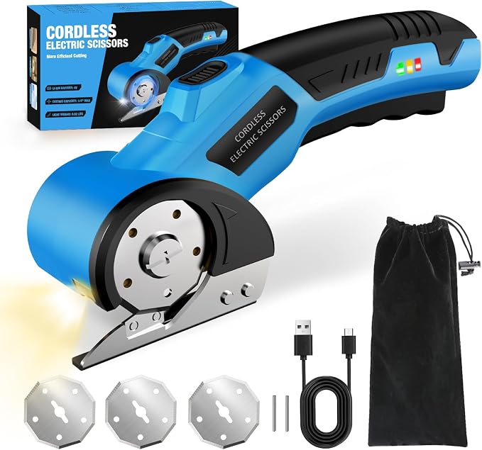 Cordless Electric Scissors,4V Rechargeable Cardboard Cutter Heavy Duty Scissor with Safety Lock & LED Light for Box Carpet Plastic Fabric(Blue)
