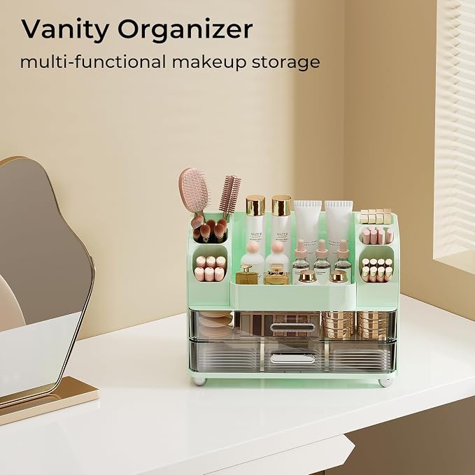 UFORU Makeup Organizer for Vanity with 2 Large Drawers, Cosmetic Display Case with Brush Holders, Easy to Storage for Bathroom Countertop Skincare, Perfume, Green