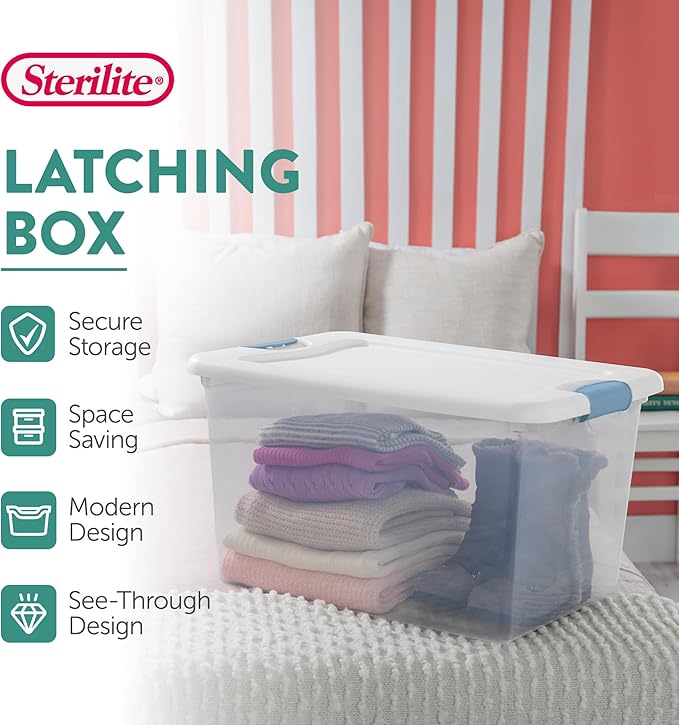 Sterilite 4-Pack 64 Quart Latching Box, Clear Plastic Storage Organizer Bins with White Lids - Large Stackable Containers for Home Bedroom, Dorm Room, and Closet Organization